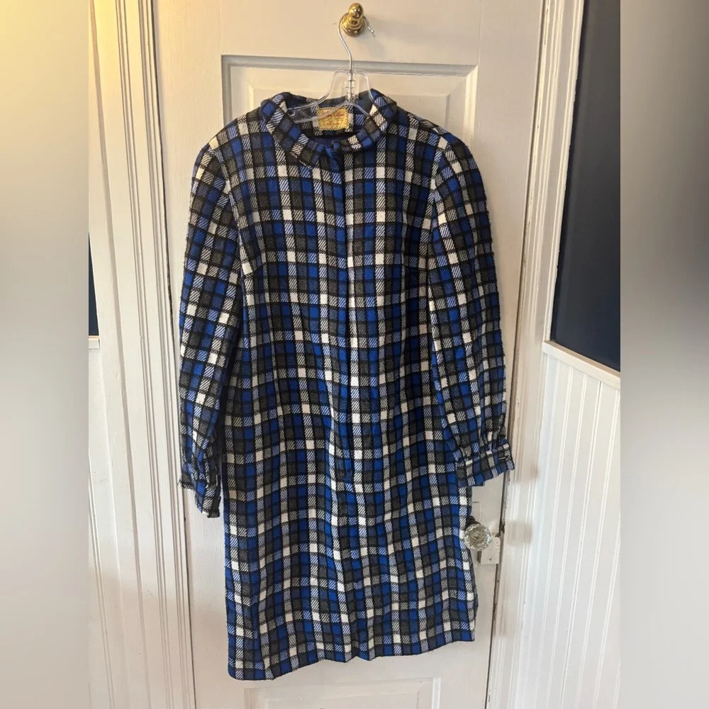 Vintage 60s Mod Blue Plaid Long-Sleeve Collared Lined Shift Dress Wool - Picture 2 of 4